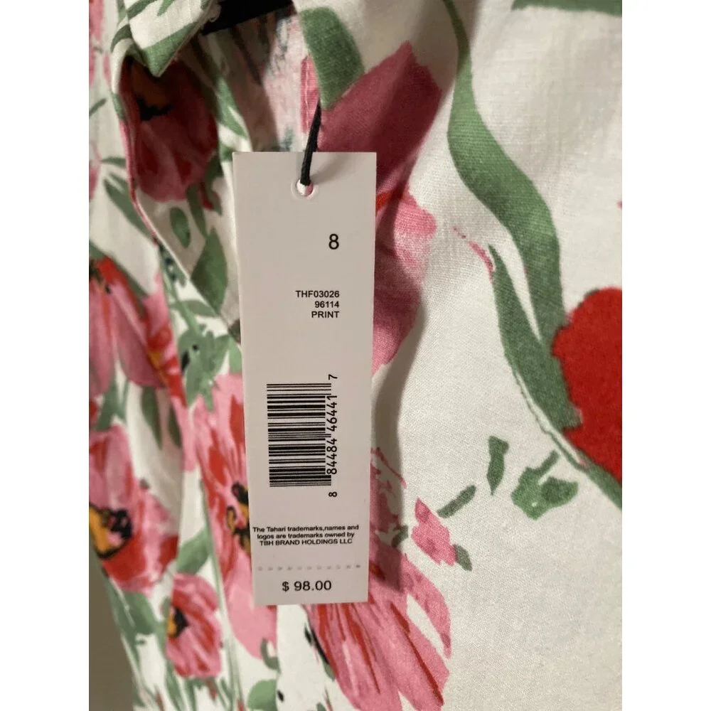 T Tahari  Hibiscus Pink and Green Linen Sleeveless Floral Dress Varies NWT - Picture 4 of 10